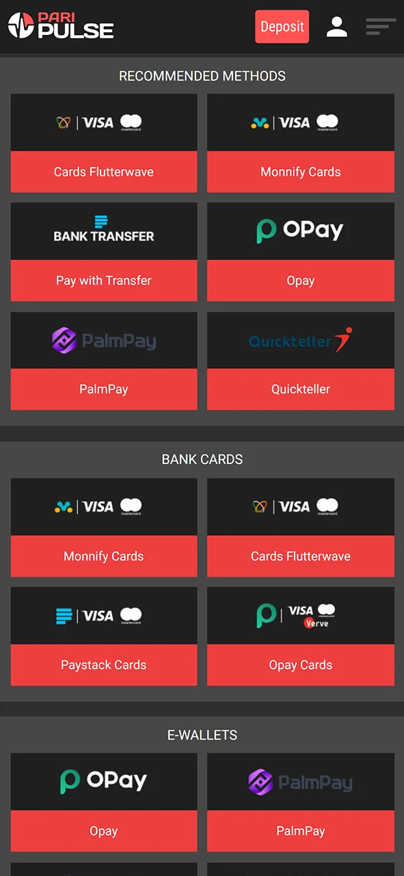 Choose a payment system to deposit at PariPulse.
