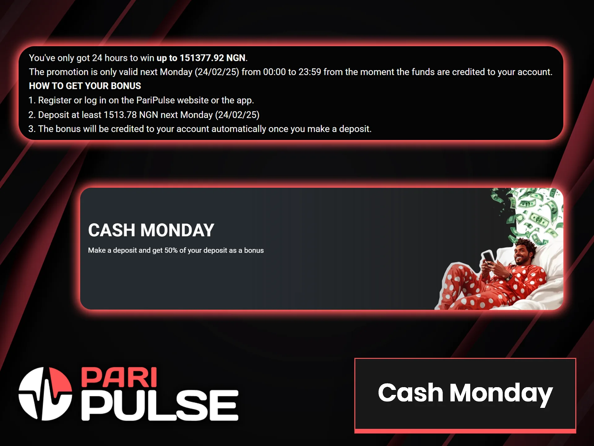 Top up your balance by a certain amount on Monday and get extra money from PariPulse.