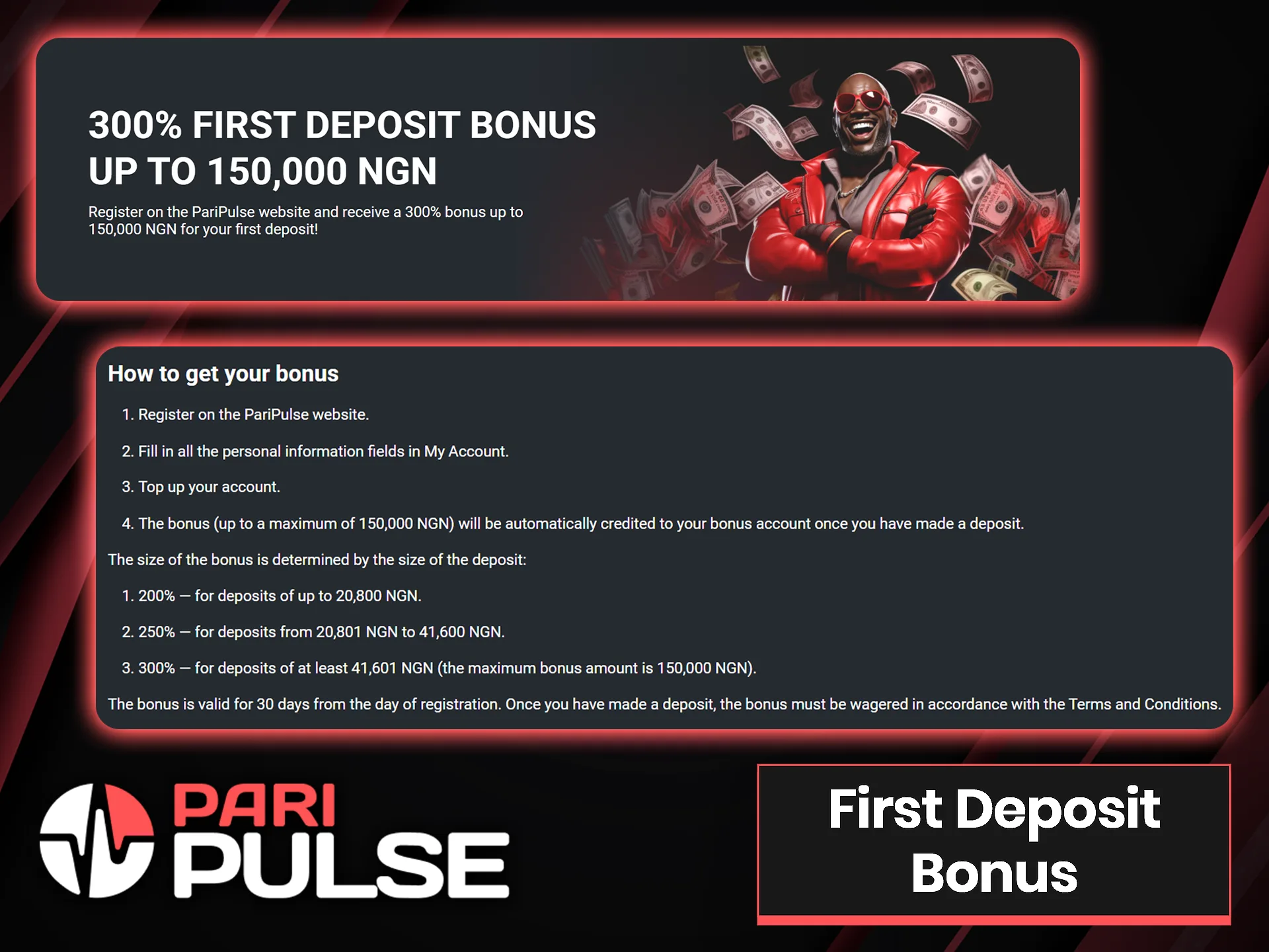 A nice bonus is waiting for you on your first deposit after registering at PariPulse.