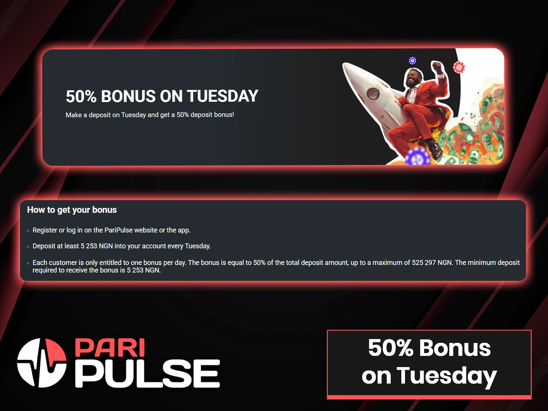 Get a benefit on your deposit at PariPulse every Tuesday.