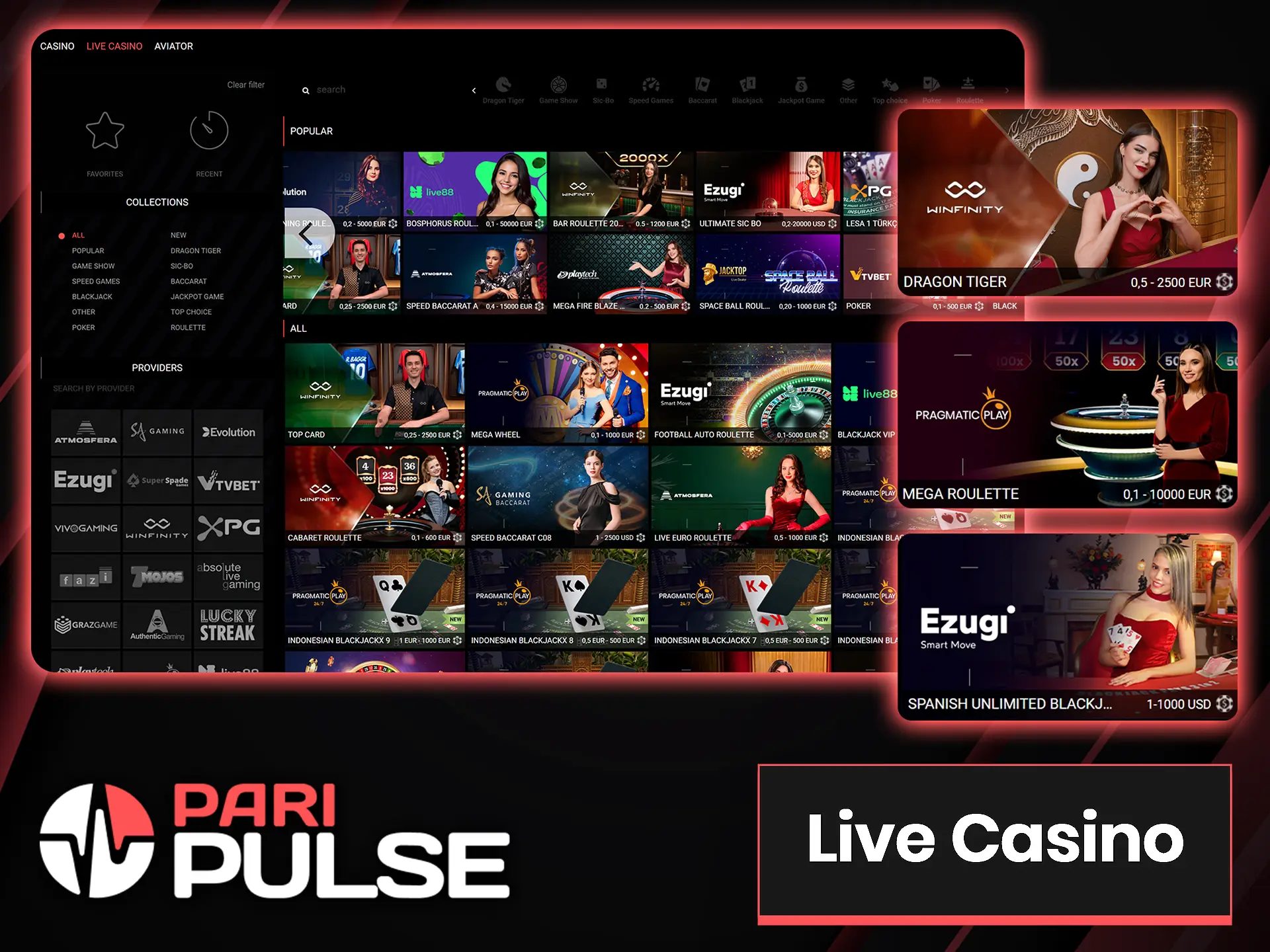 Beat the dealers in the live casino section at PariPulse.