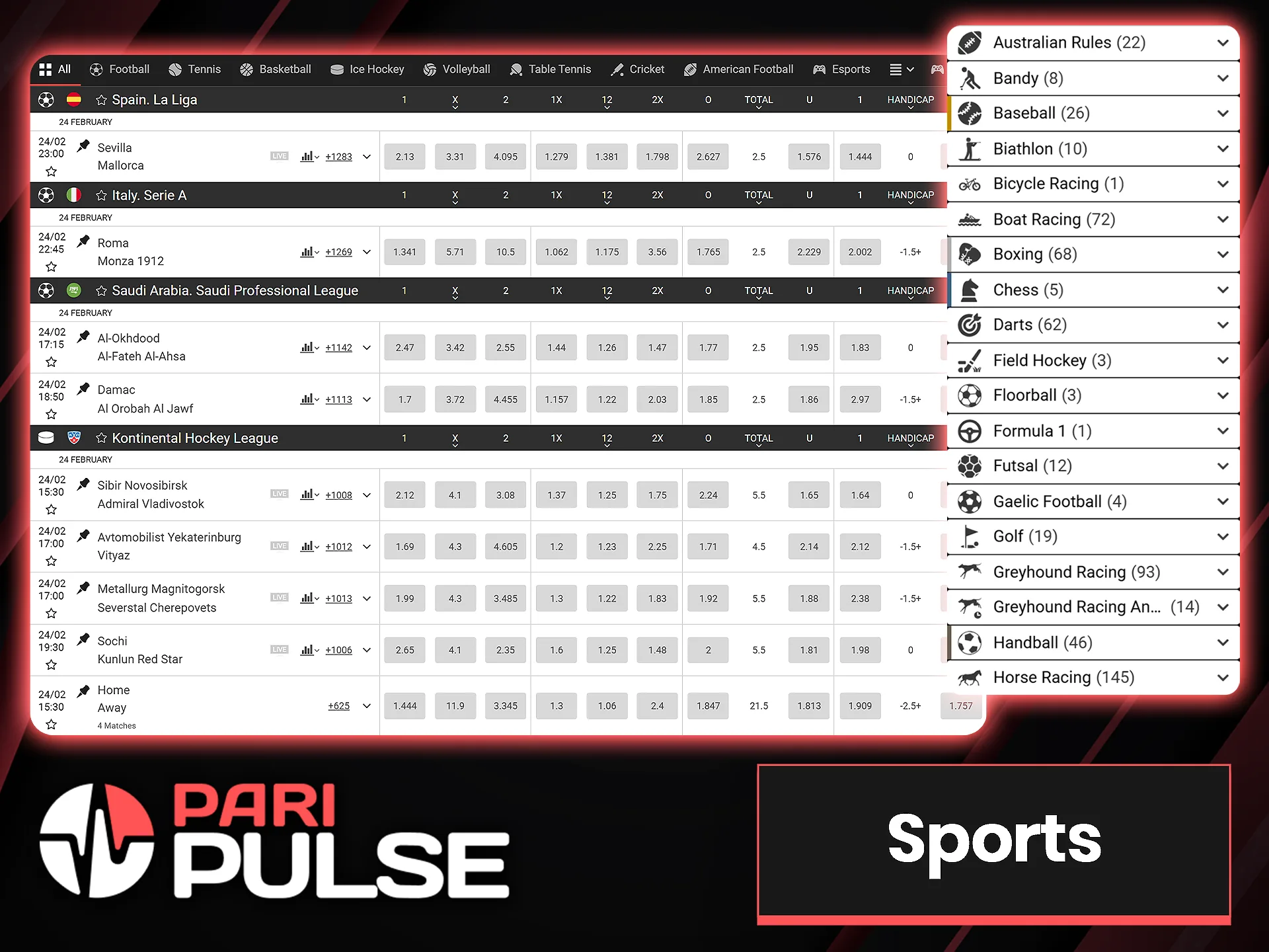 At PariPulse you can bet on a large number of sports matches and tournaments.