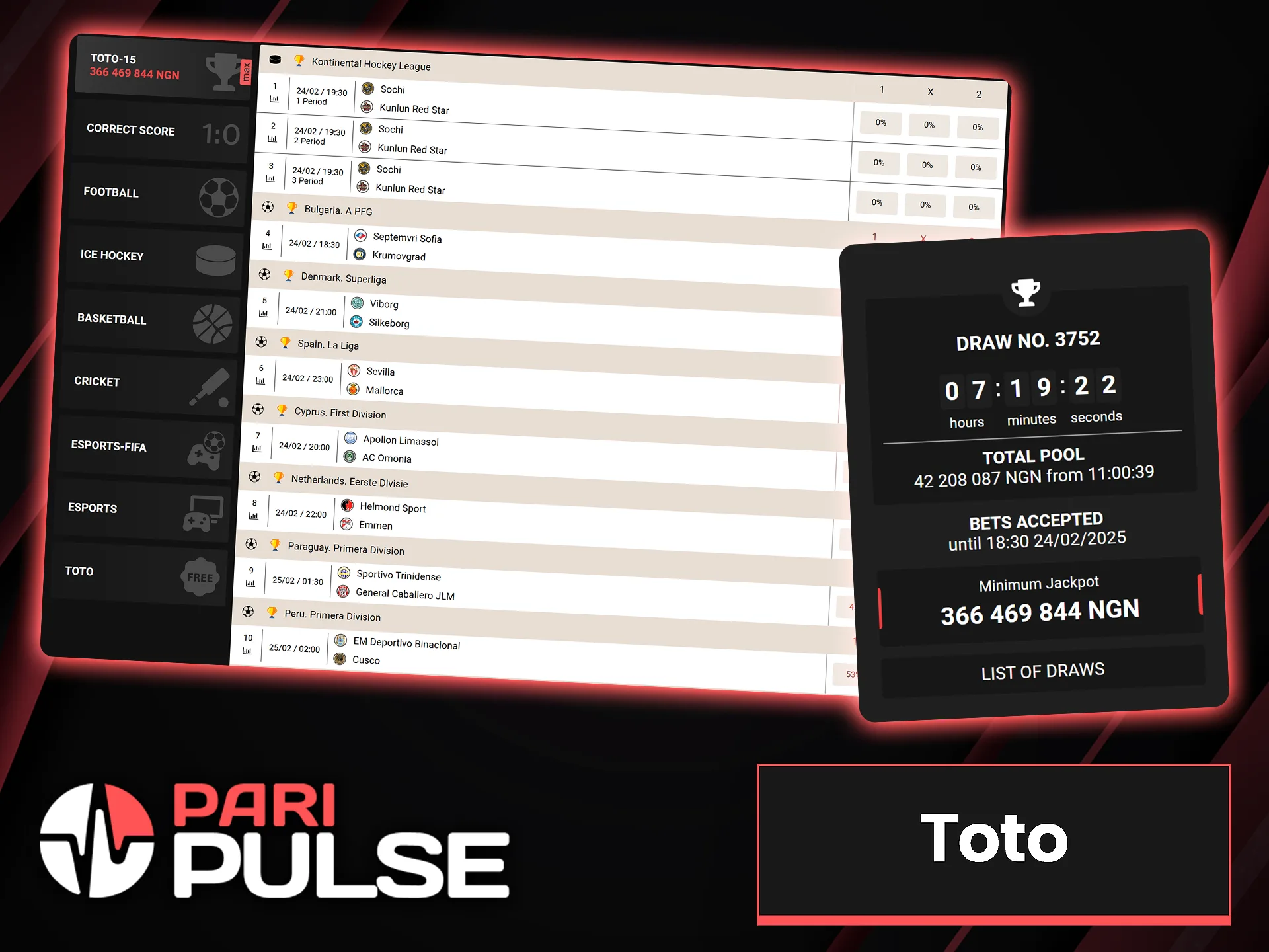 You can bet on sports in the Toto section at PariPulse.