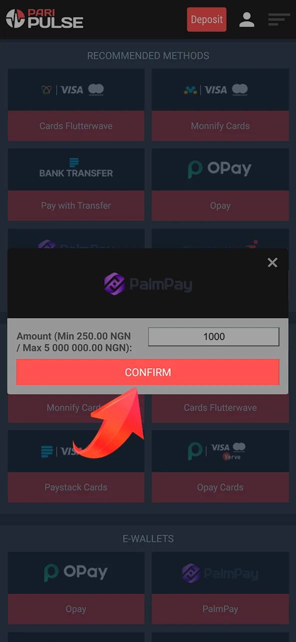 Confirm your deposit at PariPulse.