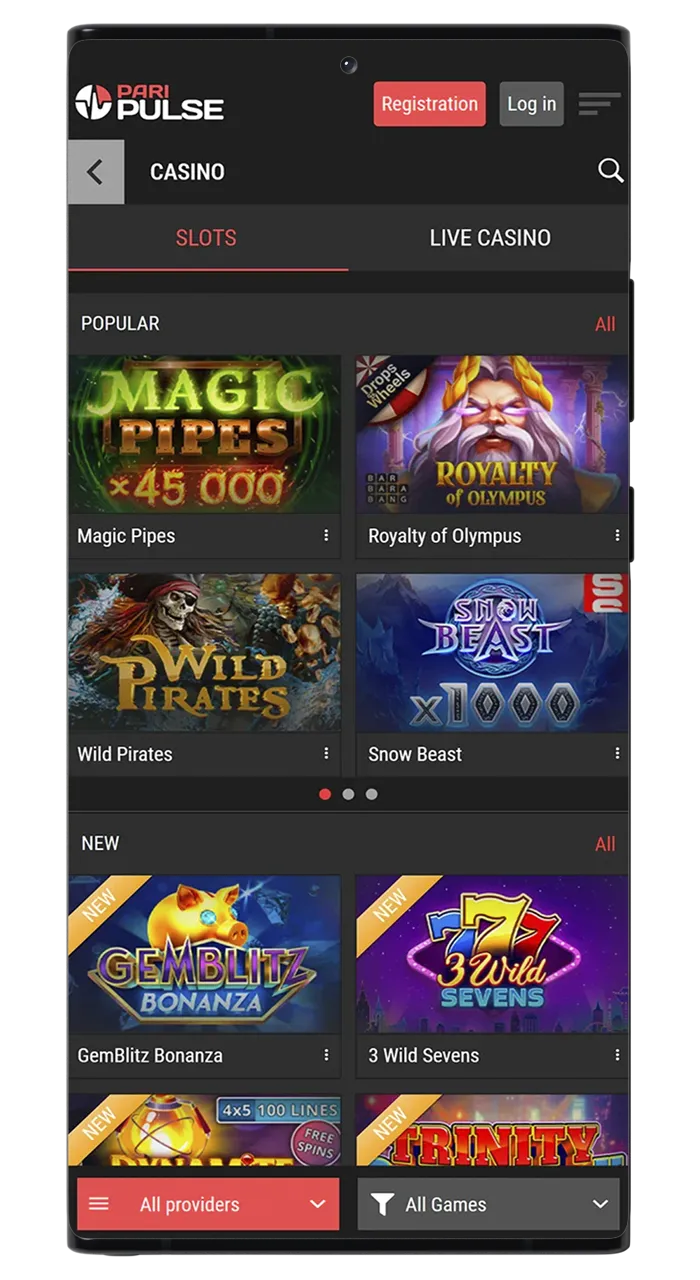 Casino games available on the PariPulse mobile app.