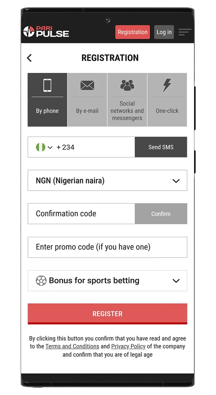 PariPulse mobile app registration form.