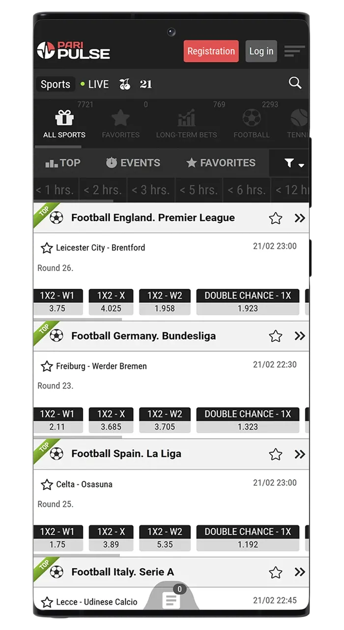 The sports section of the PariPulse app.