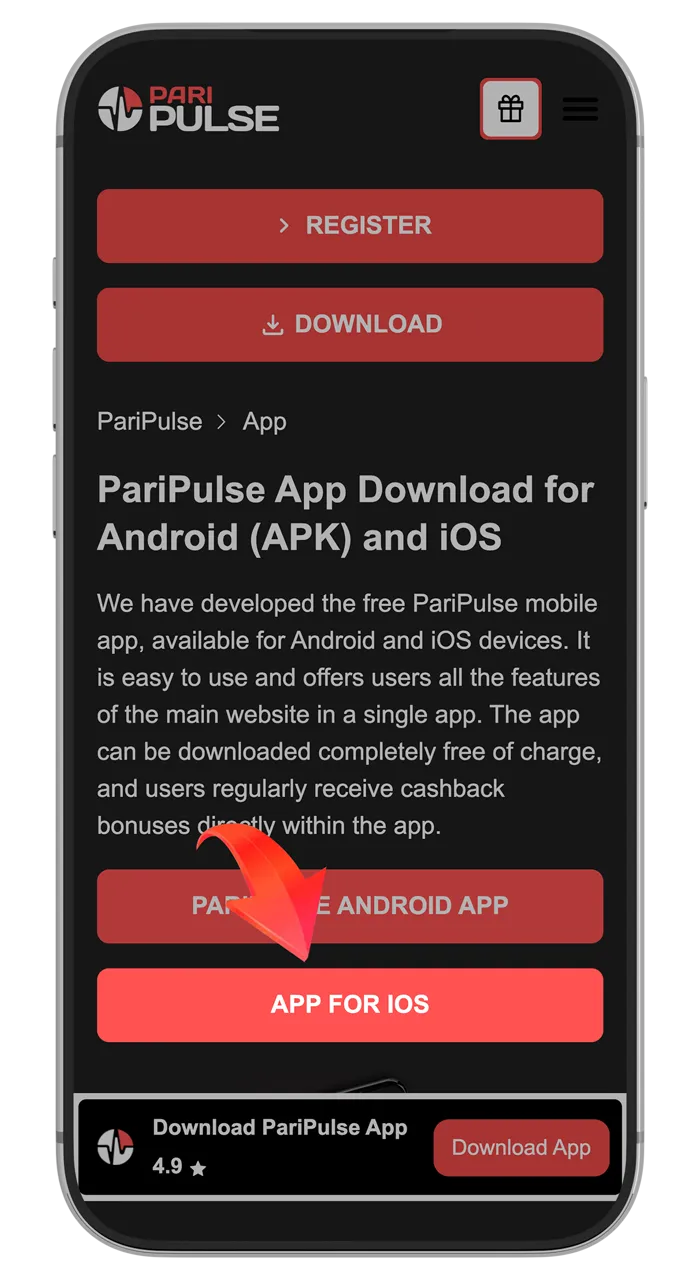Open the PariPulse website using the Safari browser.